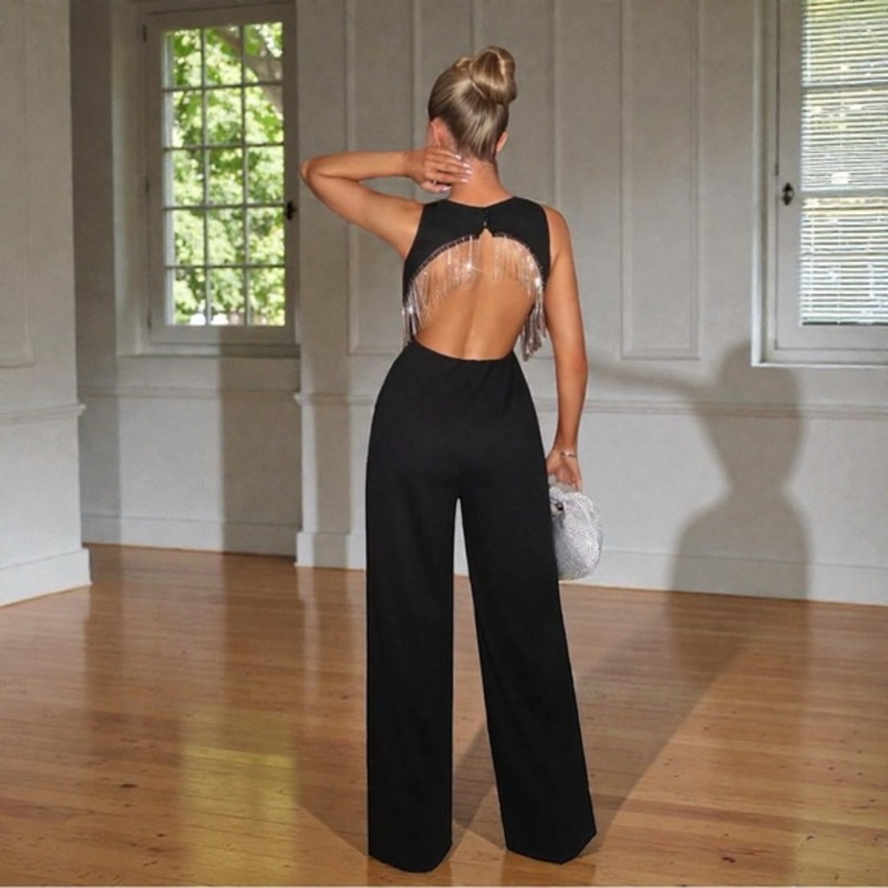 NEW Cutout Backless Jumpsuit w/ Rhinestones Fringe Detail Wide Leg Black Medium